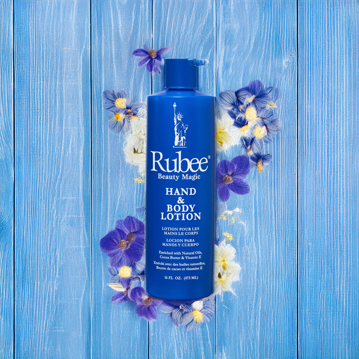 RUBEE Body & Hand Lotion with ingredients on display