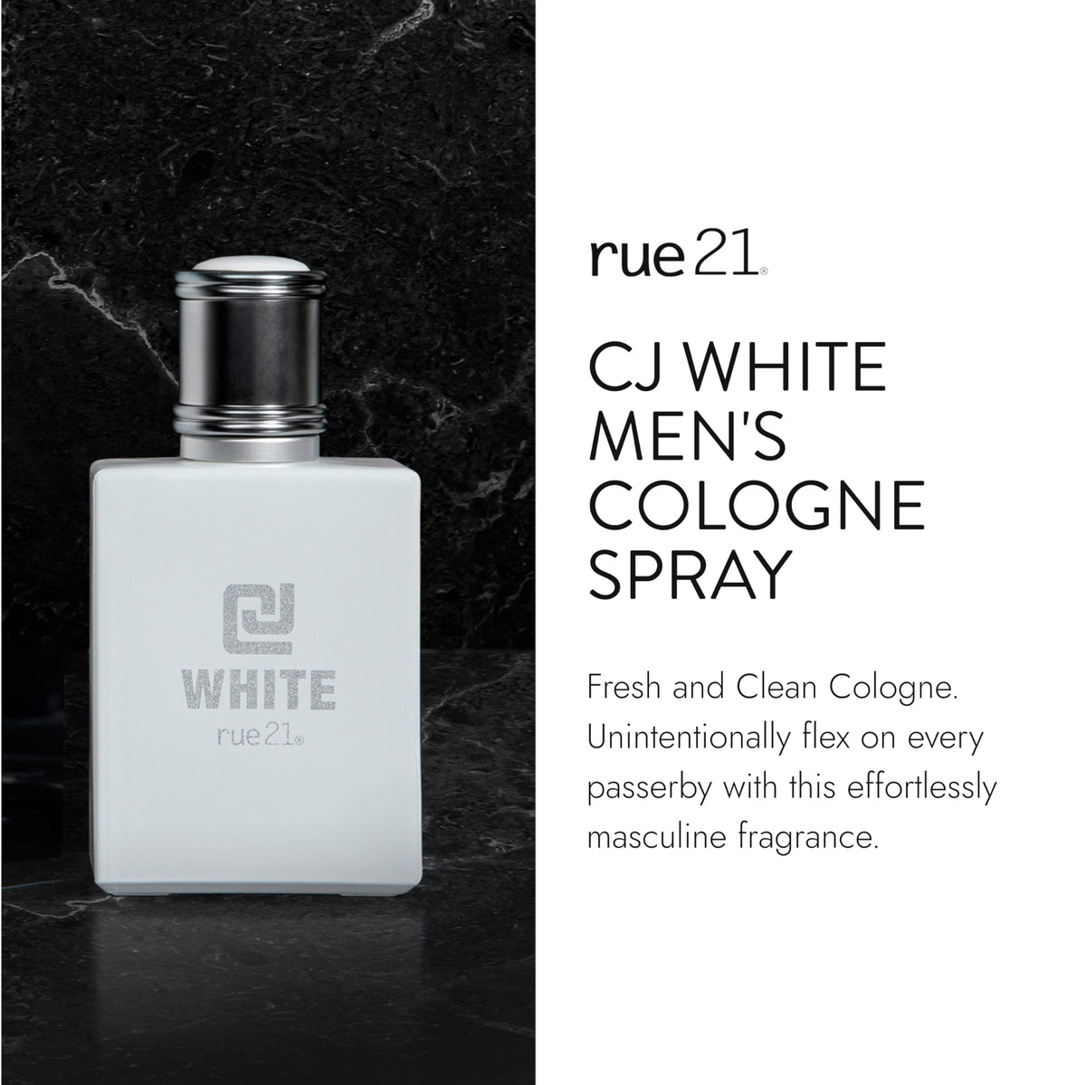 Rue 21 CJ White Men's Cologne Spray side view showing label