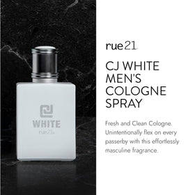 Rue 21 CJ White Men's Cologne Spray side view showing label