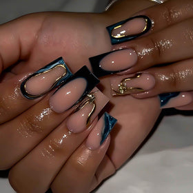 RUOKEXIN Long Square Press on Nails gold ombre design front view
