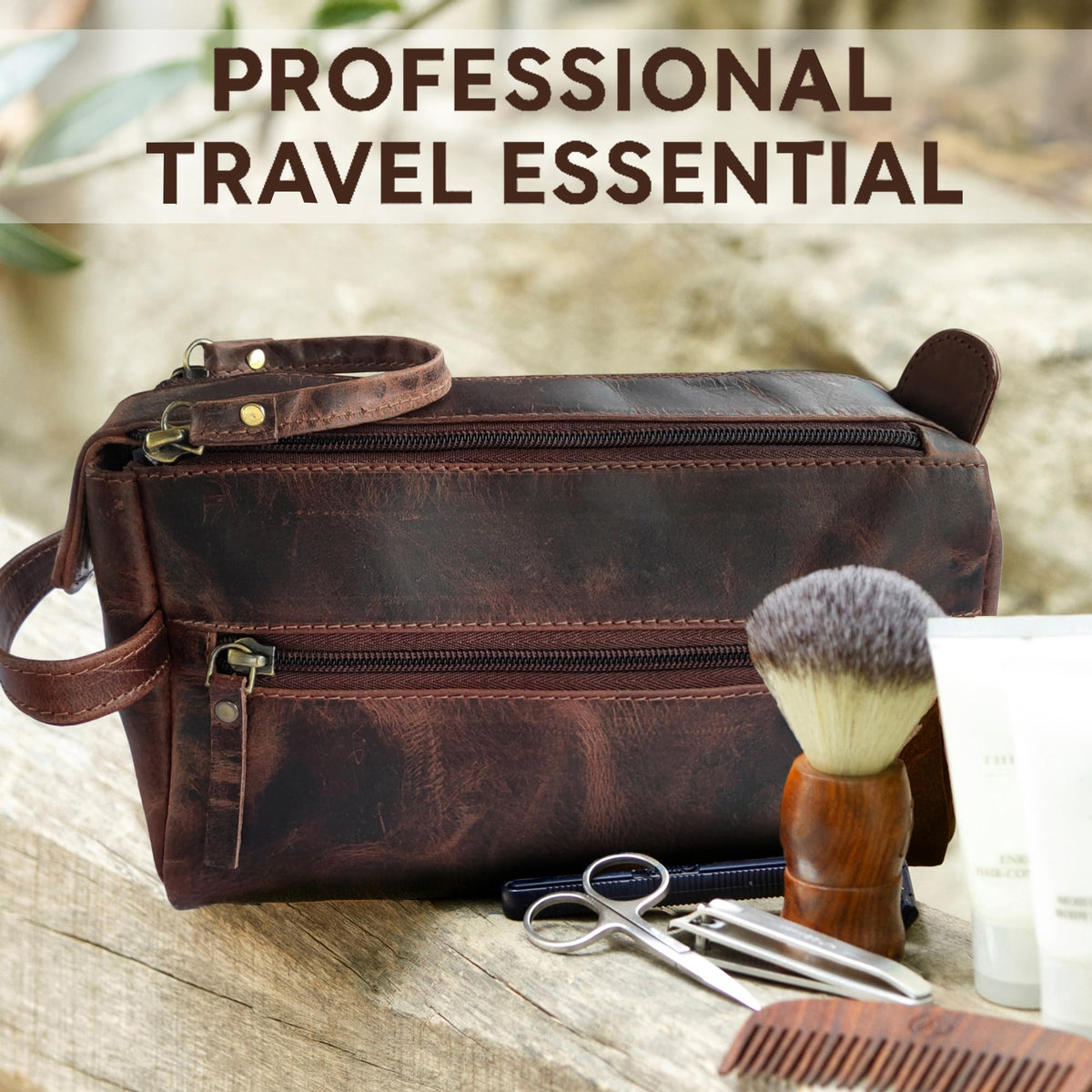 RUSTIC TOWN Leather Toiletry Bag displayed on a wooden table