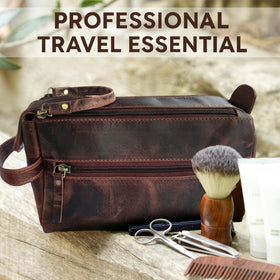 RUSTIC TOWN Leather Toiletry Bag displayed on a wooden table