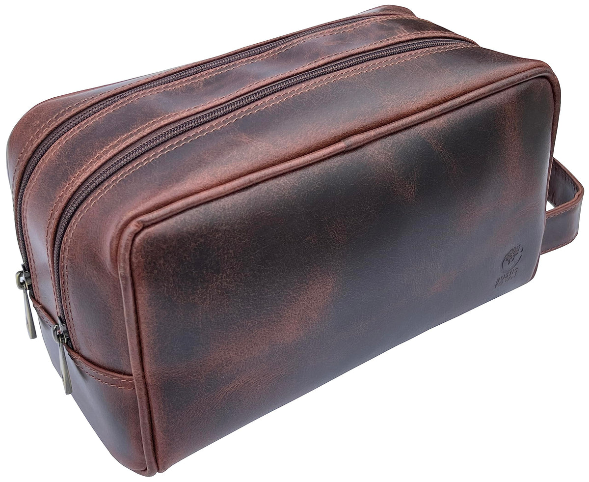 RUSTIC TOWN Leather Toiletry Bag front view in walnut brown