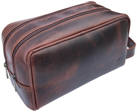 RUSTIC TOWN Leather Toiletry Bag front view in walnut brown