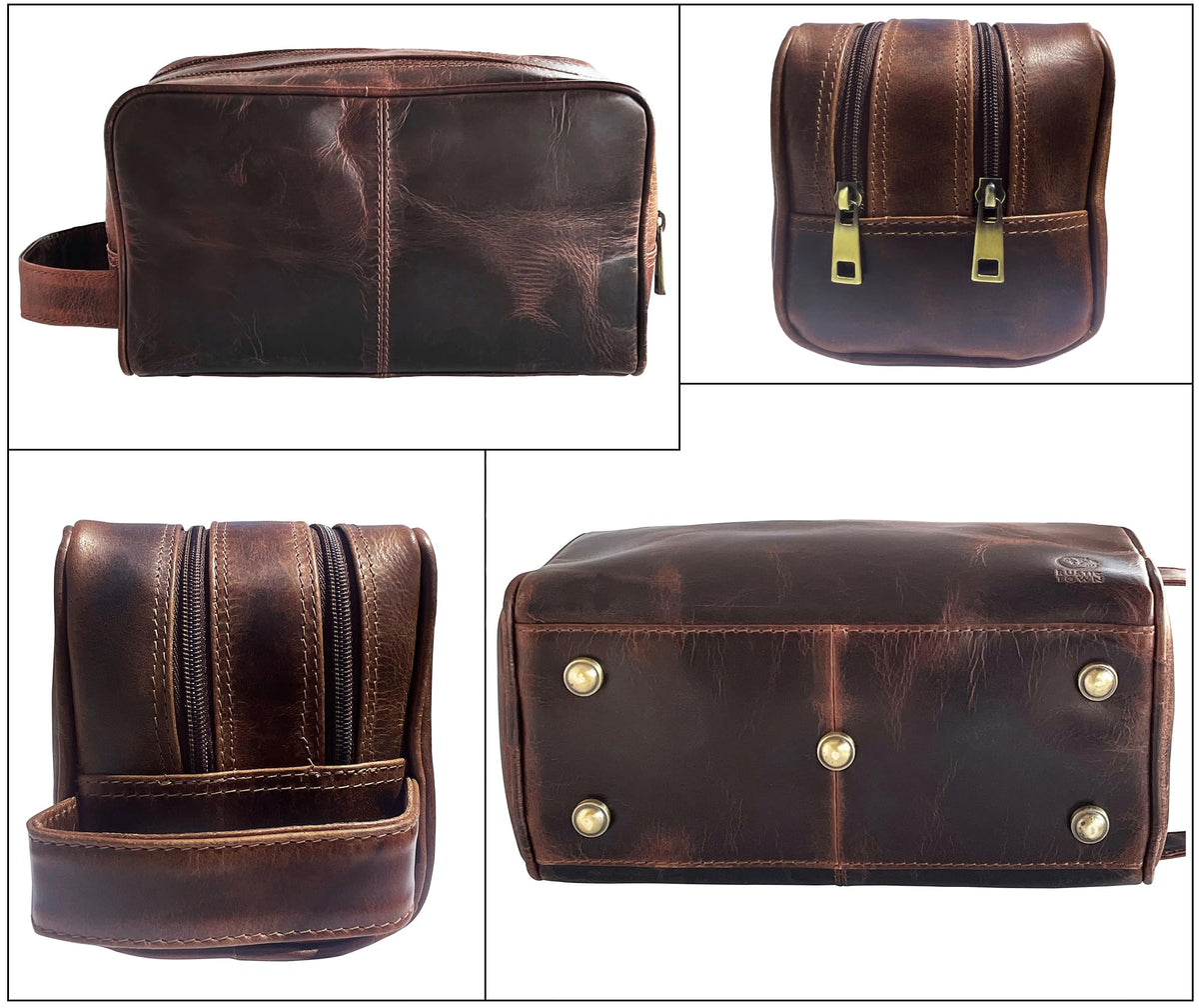 RUSTIC TOWN Leather Toiletry Bag lifestyle shot on a bathroom counter