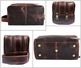 RUSTIC TOWN Leather Toiletry Bag lifestyle shot on a bathroom counter
