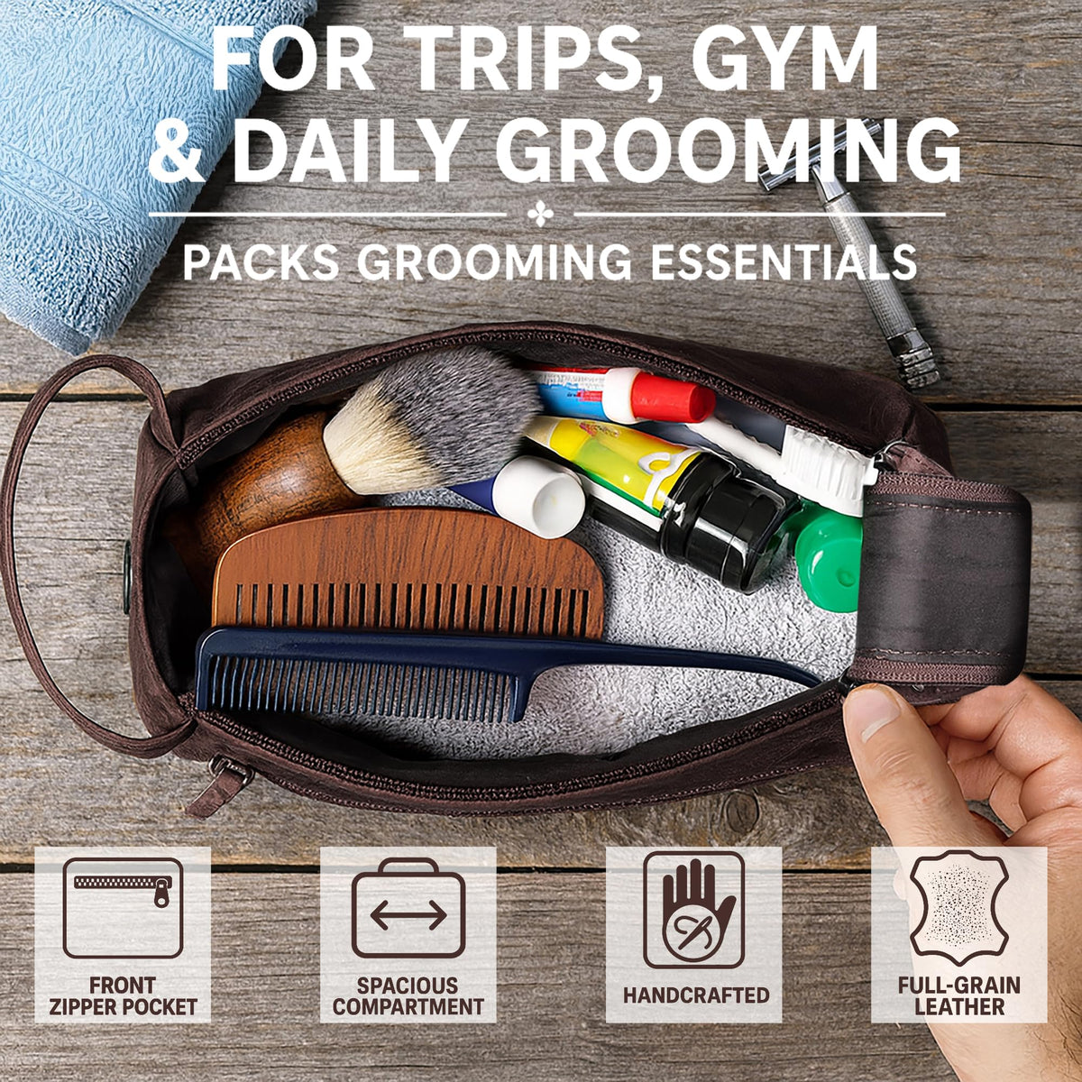 RUSTIC TOWN Leather Toiletry Bag on a travel suitcase