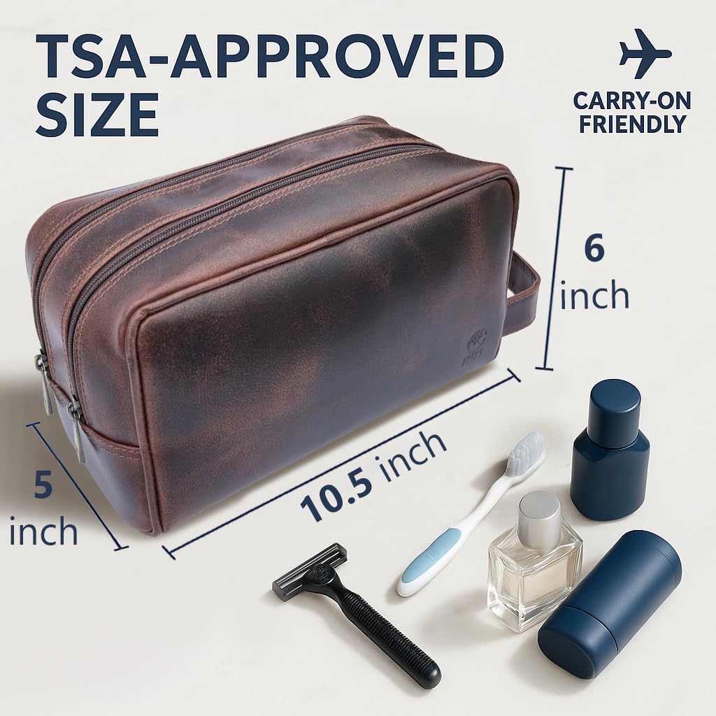 RUSTIC TOWN Leather Toiletry Bag open with toiletries arranged inside