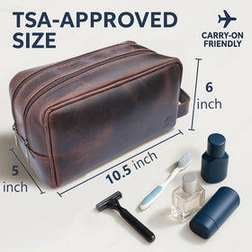 RUSTIC TOWN Leather Toiletry Bag open with toiletries arranged inside