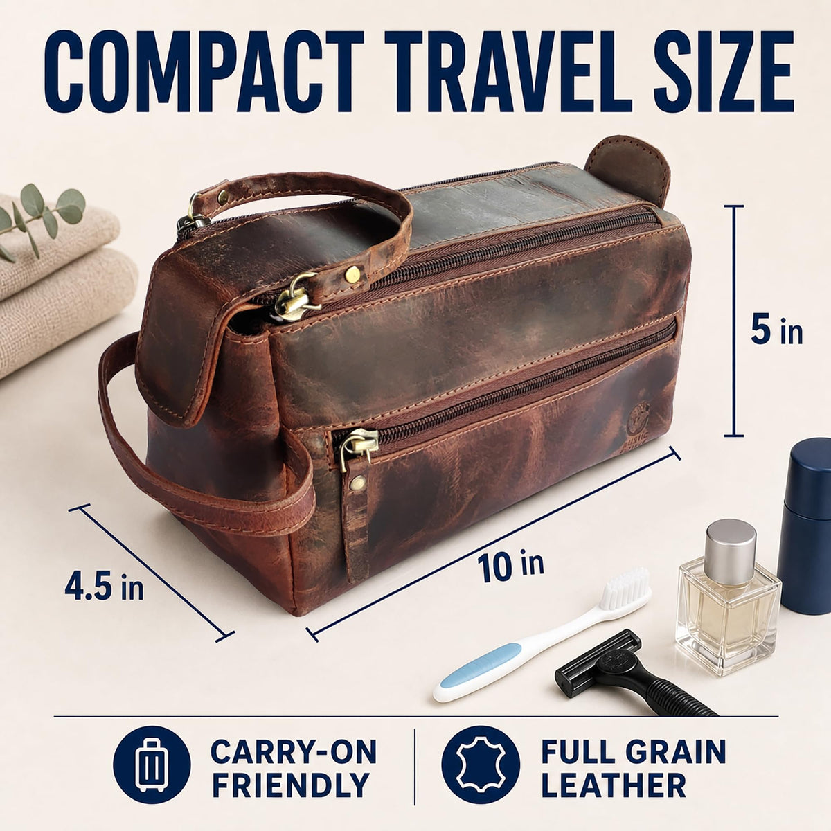 RUSTIC TOWN Leather Toiletry Bag side view with zipper