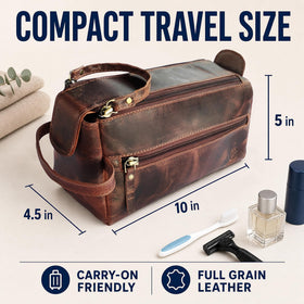 RUSTIC TOWN Leather Toiletry Bag side view with zipper
