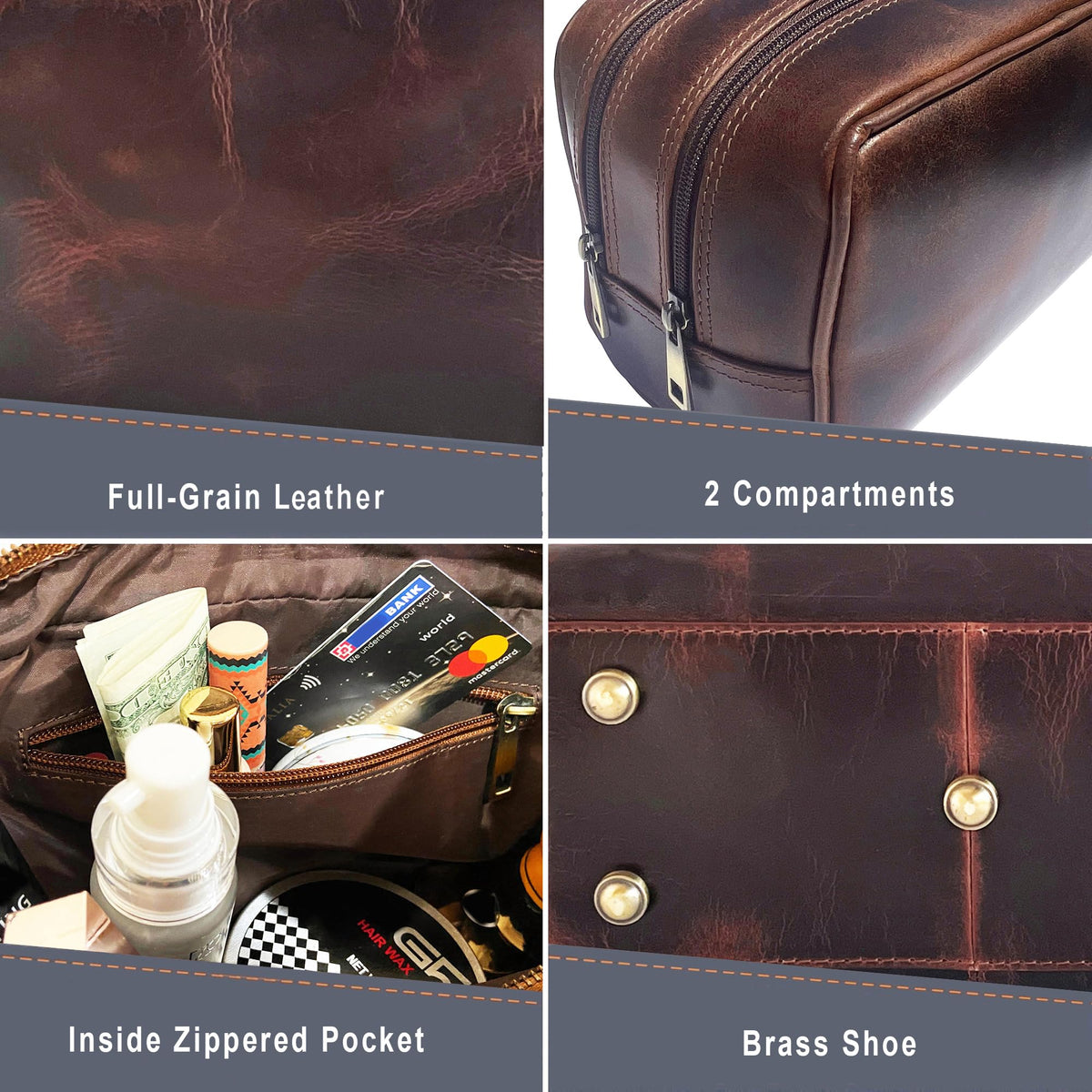 RUSTIC TOWN Leather Toiletry Bag with waterproof lining detail
