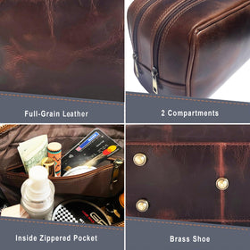RUSTIC TOWN Leather Toiletry Bag with waterproof lining detail