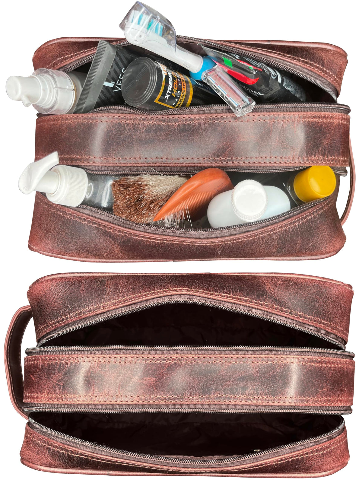 RUSTIC TOWN Leather Toiletry Bag with YKK zippers highlighted