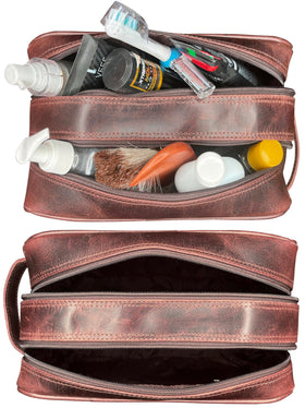 RUSTIC TOWN Leather Toiletry Bag with YKK zippers highlighted