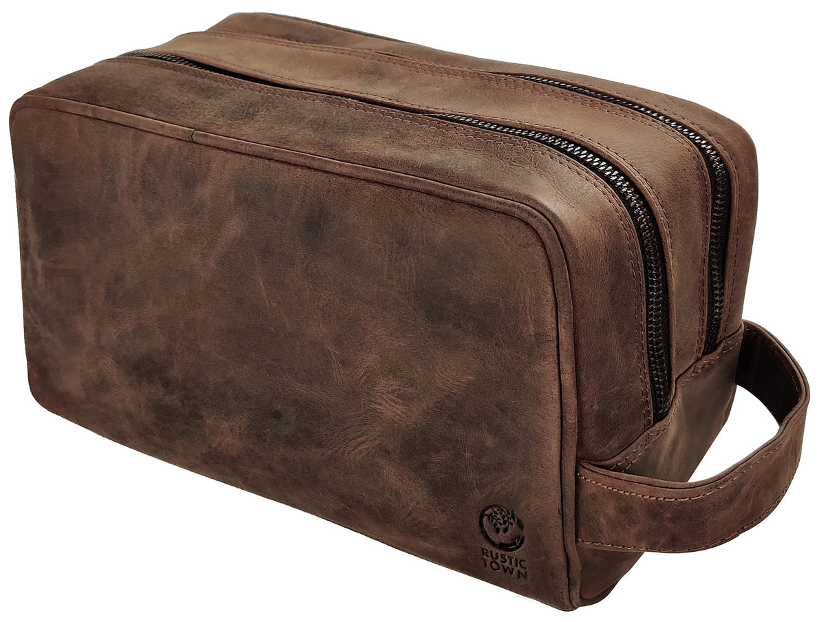 RUSTIC TOWN Leather Travel Toiletry Bag front view