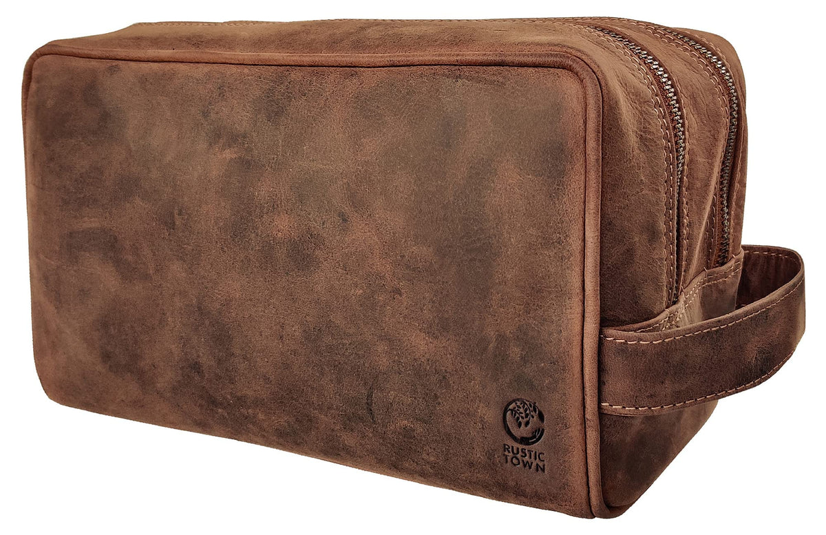 RUSTIC TOWN Leather Travel Toiletry Bag front view in brown