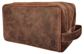 RUSTIC TOWN Leather Travel Toiletry Bag front view in brown