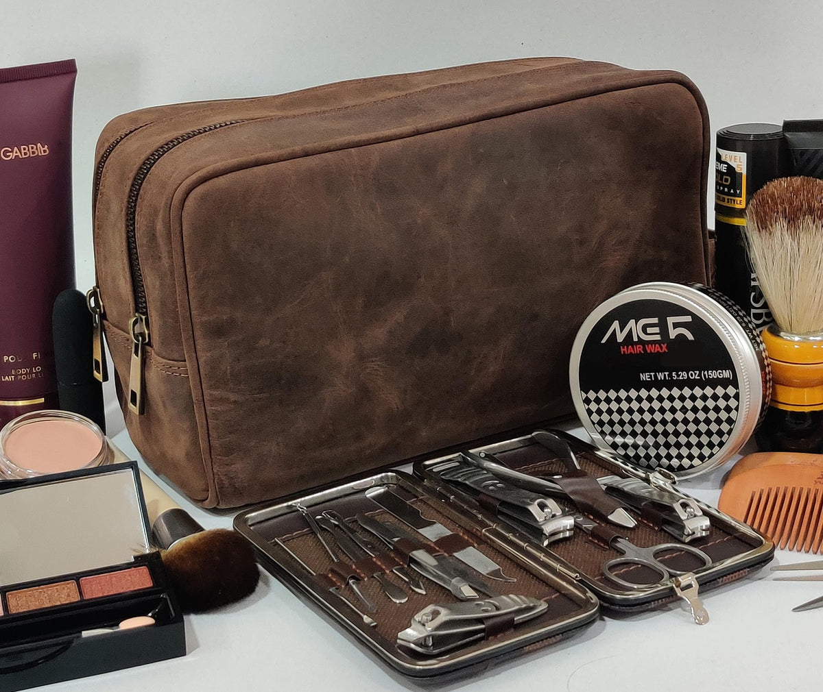 RUSTIC TOWN Leather Travel Toiletry Bag lifestyle scene