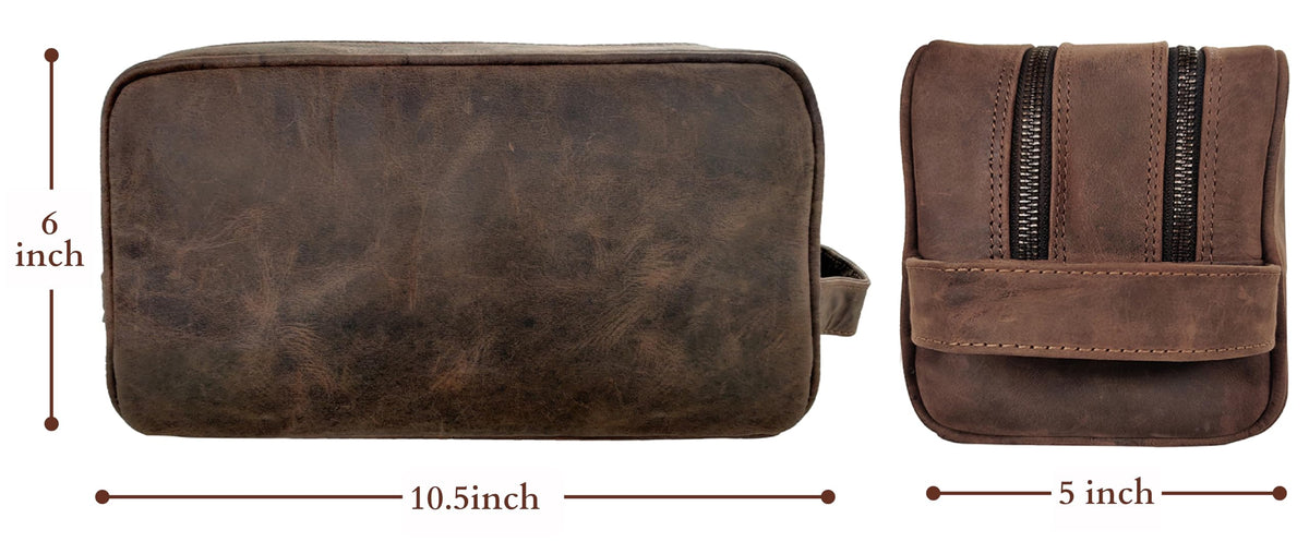 RUSTIC TOWN Leather Travel Toiletry Bag open with toiletries