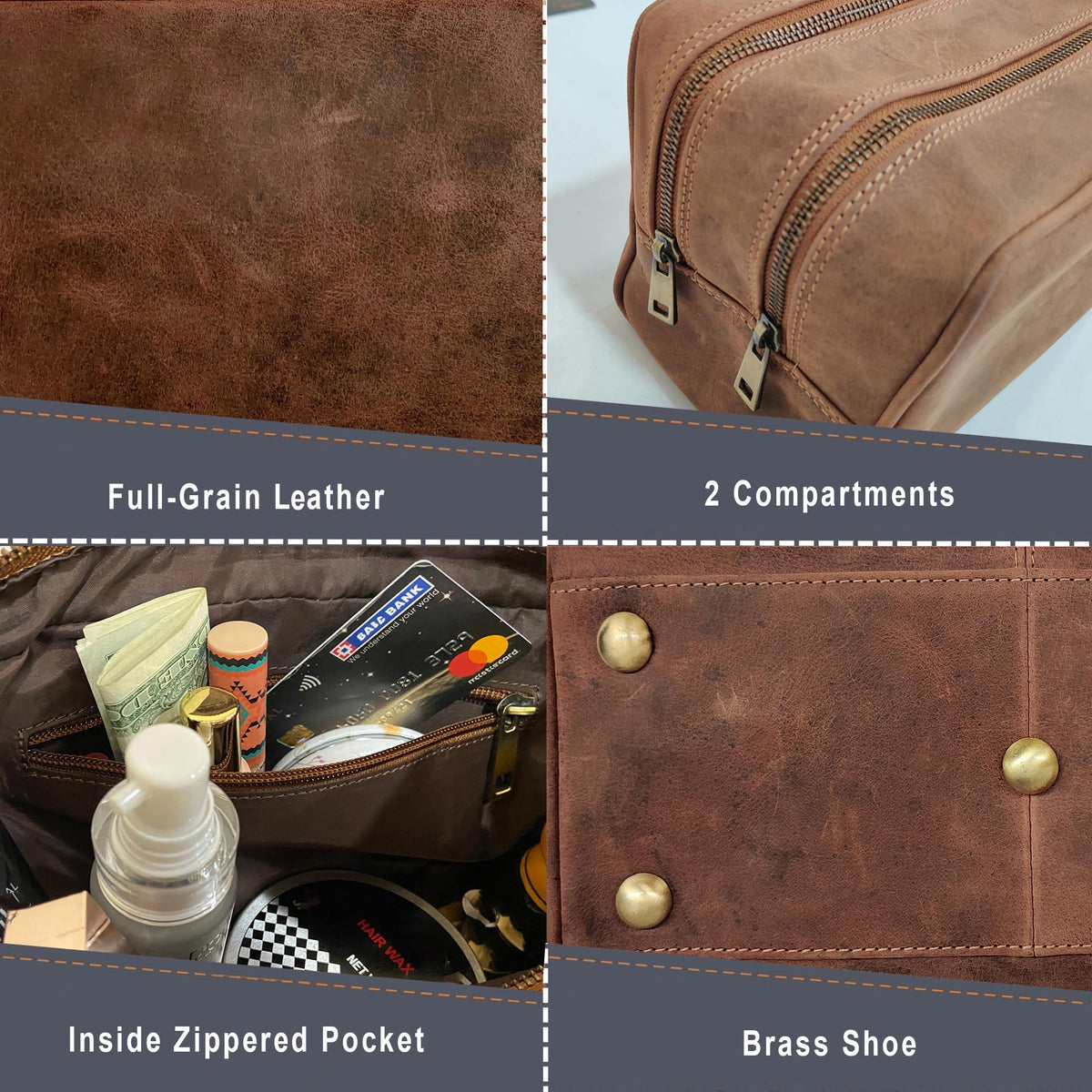 RUSTIC TOWN Leather Travel Toiletry Bag with toiletries inside