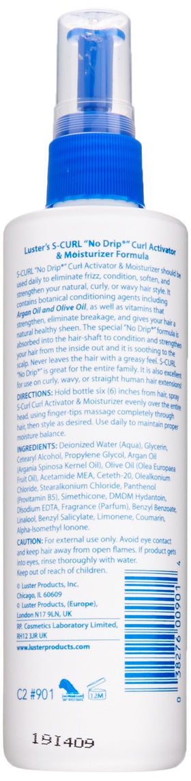 S-CURL S-Curl Activator Moisturiser 8-Ounce Spray Bottle back view with ingredient list