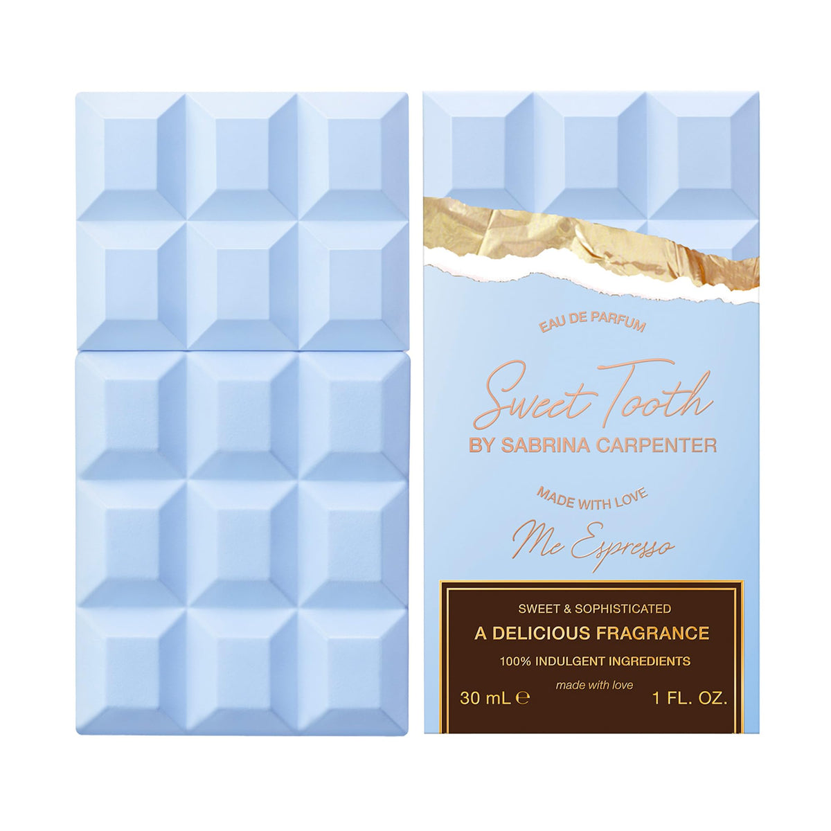 Sabrina Carpenter Sweet Tooth Me Espresso Eau de Parfum front view in chocolate bar-shaped bottle