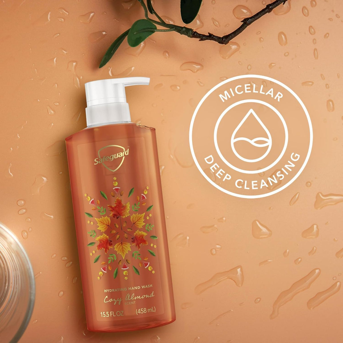 Safeguard Cozy Almond Liquid Hand Soap with almond milk background