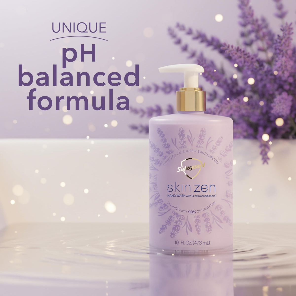 Safeguard Liquid Hand Soap Skin Zen 16 oz in bathroom setting