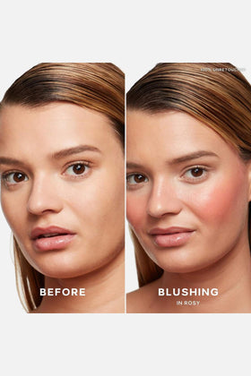 Saie Dew Liquid Blush in Rosy applied to cheeks