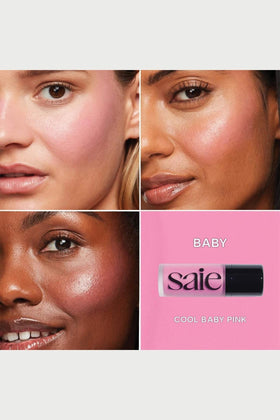 Saie Dew Liquid Blush swatch on skin showing soft pink colour