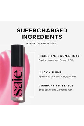 Saie Glossybounce Hydrating Lip Gloss Oil Hybrid in Dream on lips