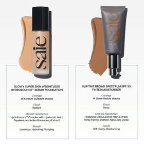 Saie Glowy Super Skin Tint Foundation with makeup brush