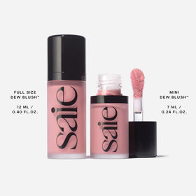 Saie Mini Dew Liquid Blush lifestyle image with makeup setup