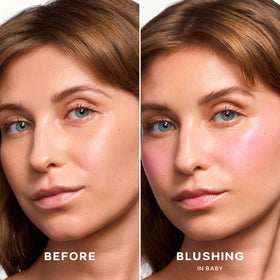 Saie Mini Dew Liquid Blush swatch on skin showing radiant finish