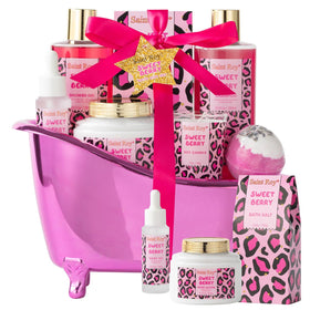 Saint Roy Bath and Body Spa Gift Basket for Women arranged in a reusable bath tub