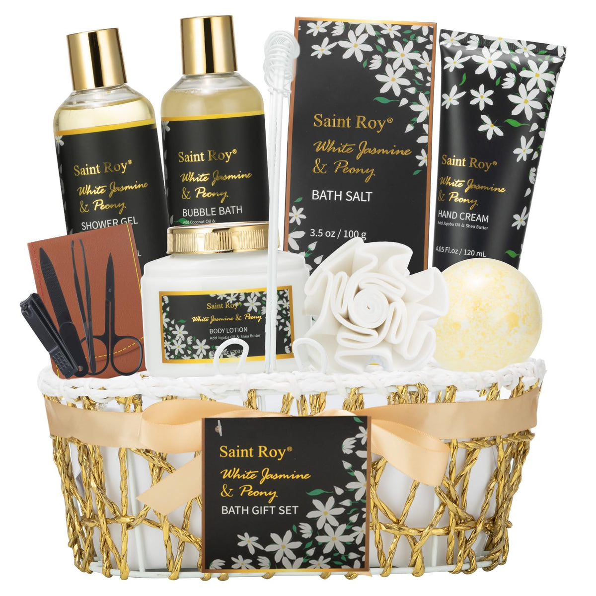 Saint Roy Jasmine Peony Spa Gift Basket front view with products