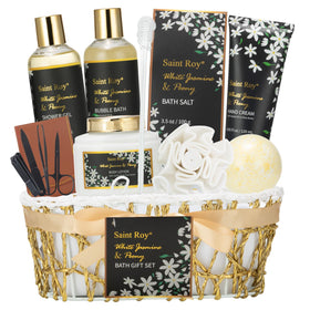 Saint Roy Jasmine Peony Spa Gift Basket front view with products