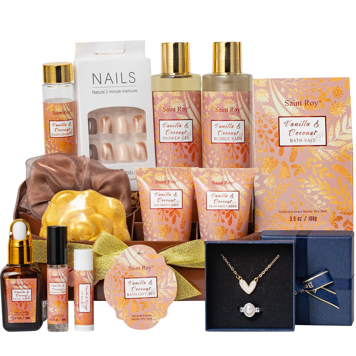 Saint Roy Spa Gift Basket front view with coconut vanilla products