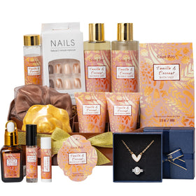 Saint Roy Spa Gift Basket front view with coconut vanilla products