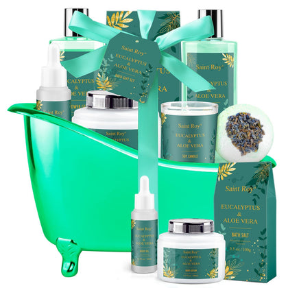 Saint Roy Spa Gift Basket Set with 8 bath essentials arranged in a reusable tub