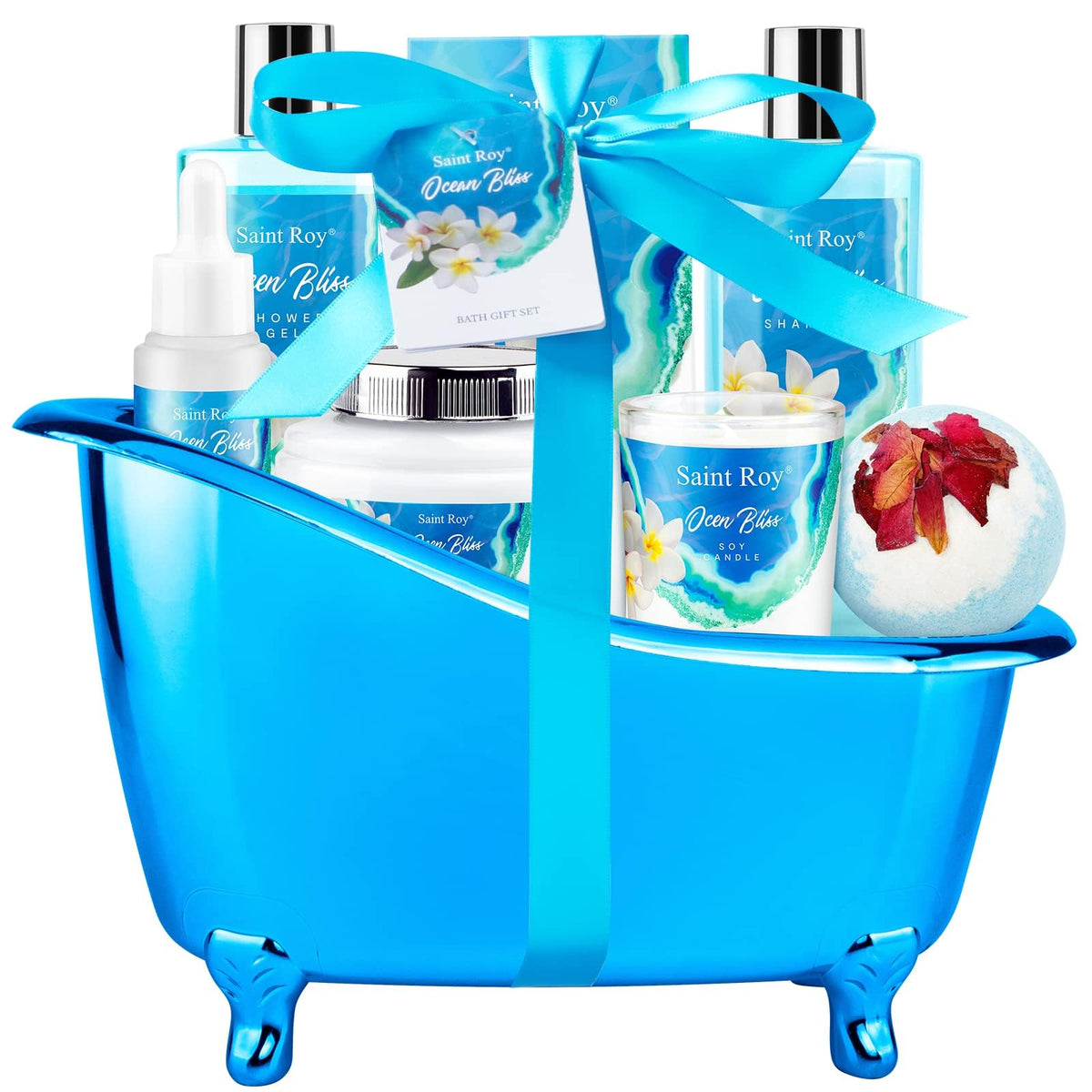 Saint Roy Spa Gift Basket Set with 8 bath products displayed
