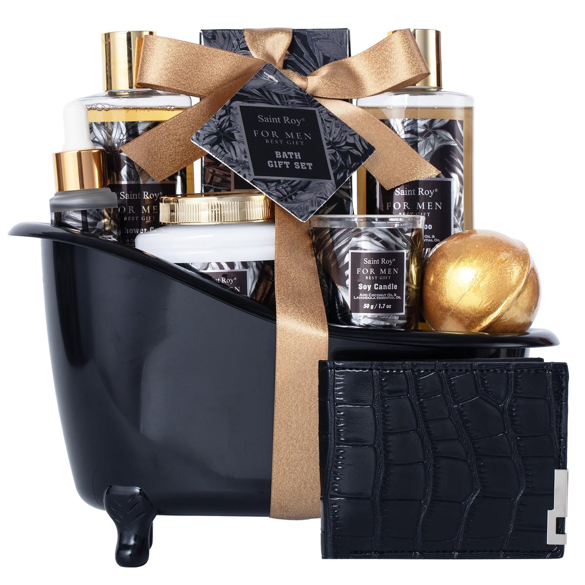 Saint Roy Spa Gift Set for Men with 9-piece bath essentials in a bathtub style basket