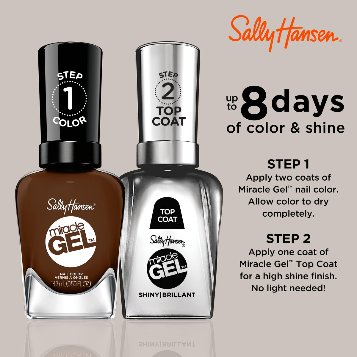 Sally Hansen Miracle Gel Dark Brown Nail Polish bottle with label
