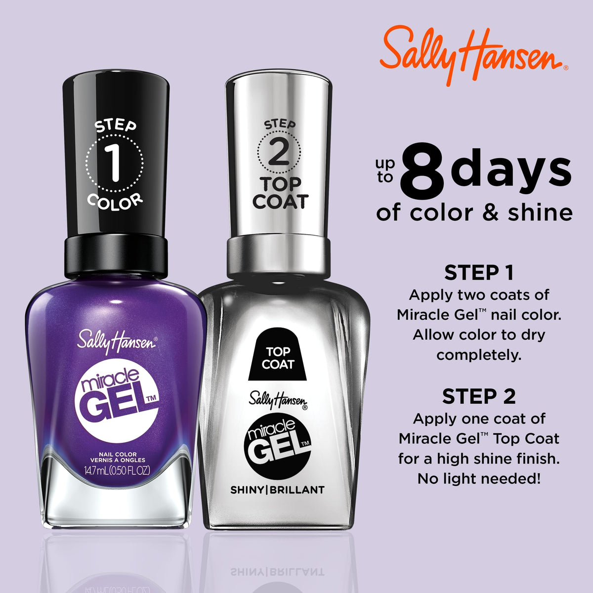 Sally Hansen Miracle Gel Nail Polish 579 Purplexed bottle and brush close-up