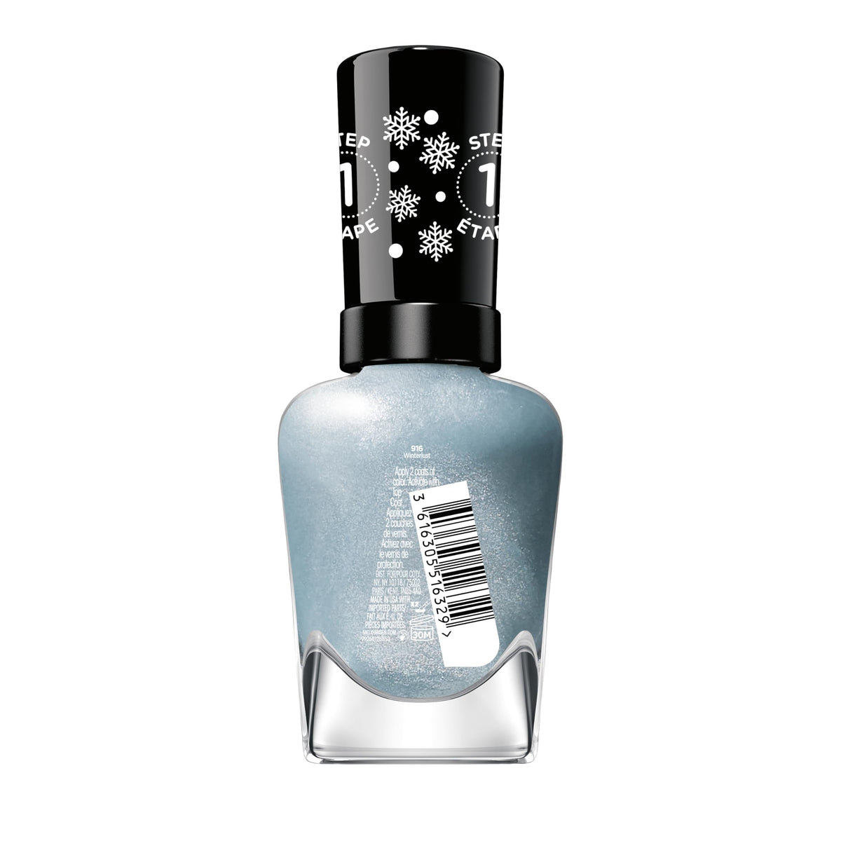 Sally Hansen Miracle Gel shimmery blue nail polish bottle side view