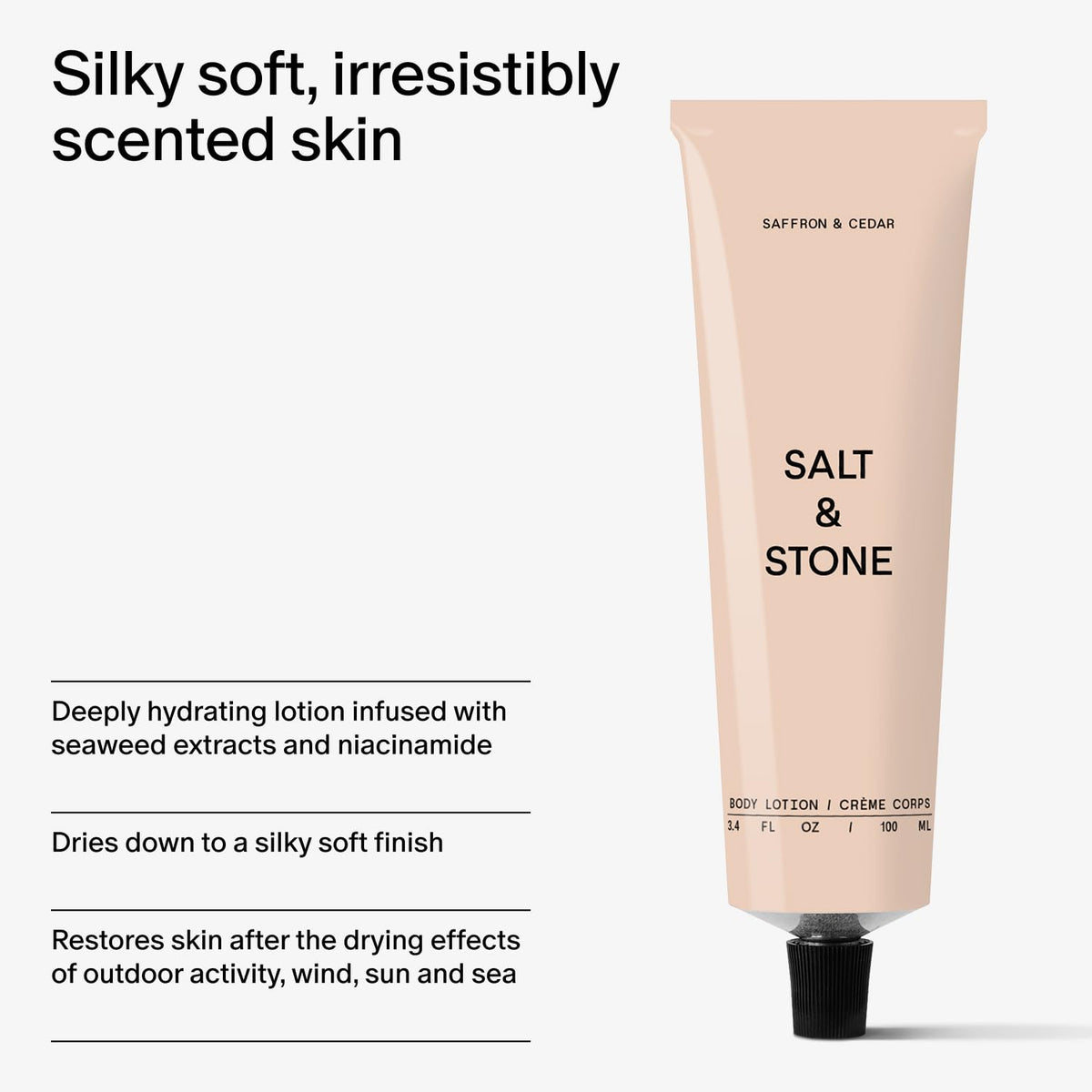 Salt & Stone Body Lotion Saffron & Cedar with natural background