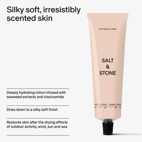 Salt & Stone Body Lotion Saffron & Cedar with natural background