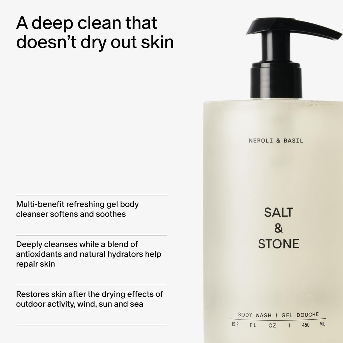 Salt & Stone Body Wash Neroli & Basil in shower setting