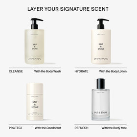 Salt & Stone Body Wash Neroli & Basil with fresh basil leaves